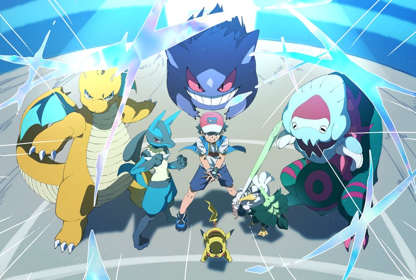 pikachu, ash ketchum, lucario, gengar, dragonite, and 2 more (pokemon and 1 more) drawn by 32890_(artist)