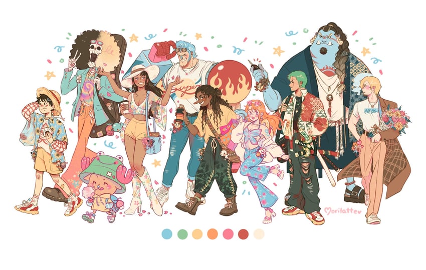 nami, monkey d. luffy, nico robin, roronoa zoro, sanji, and 10 more (one piece) drawn by morilatte_art