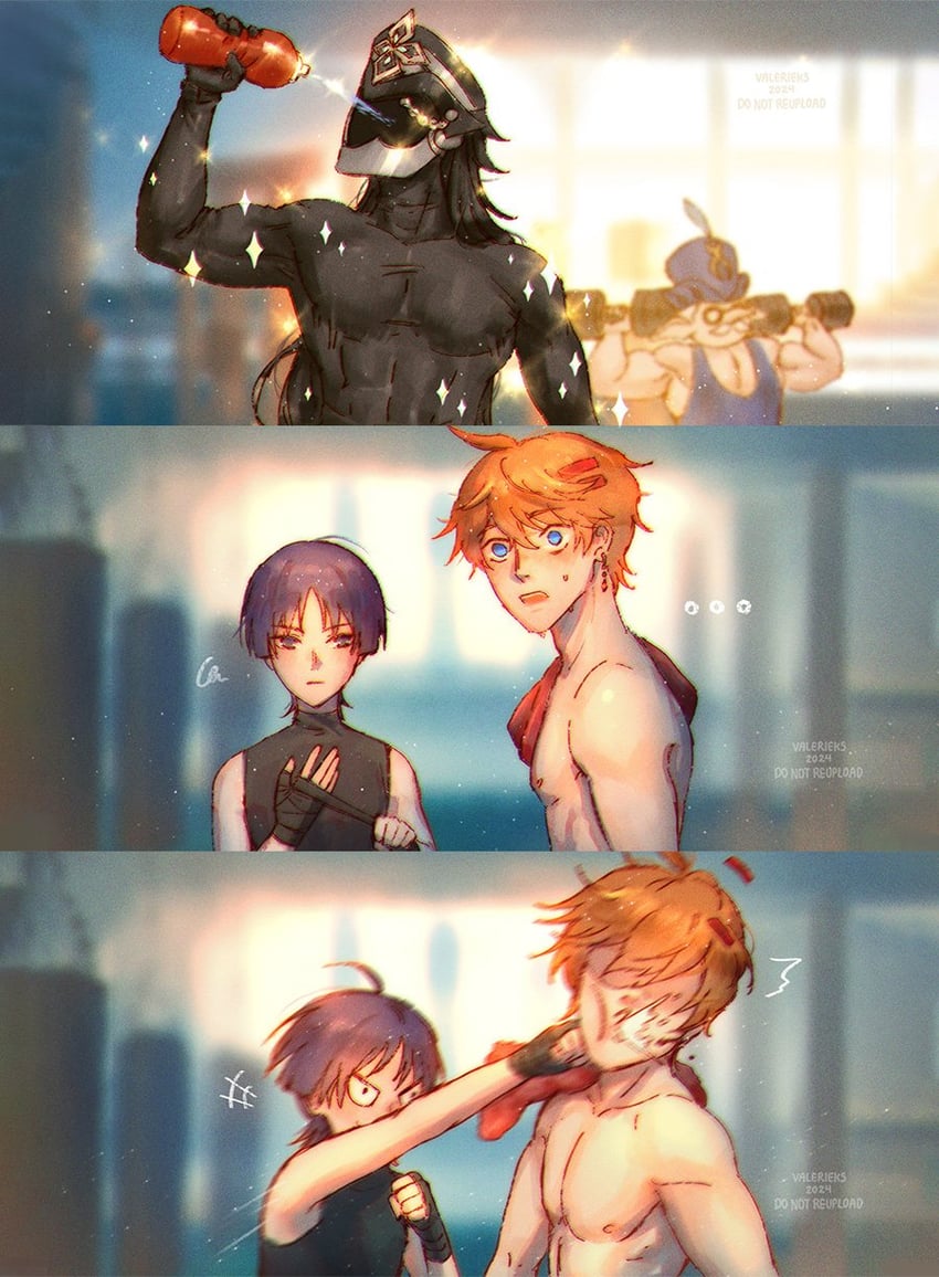 scaramouche, tartaglia, capitano, and pulcinella (genshin impact) drawn by valerieks