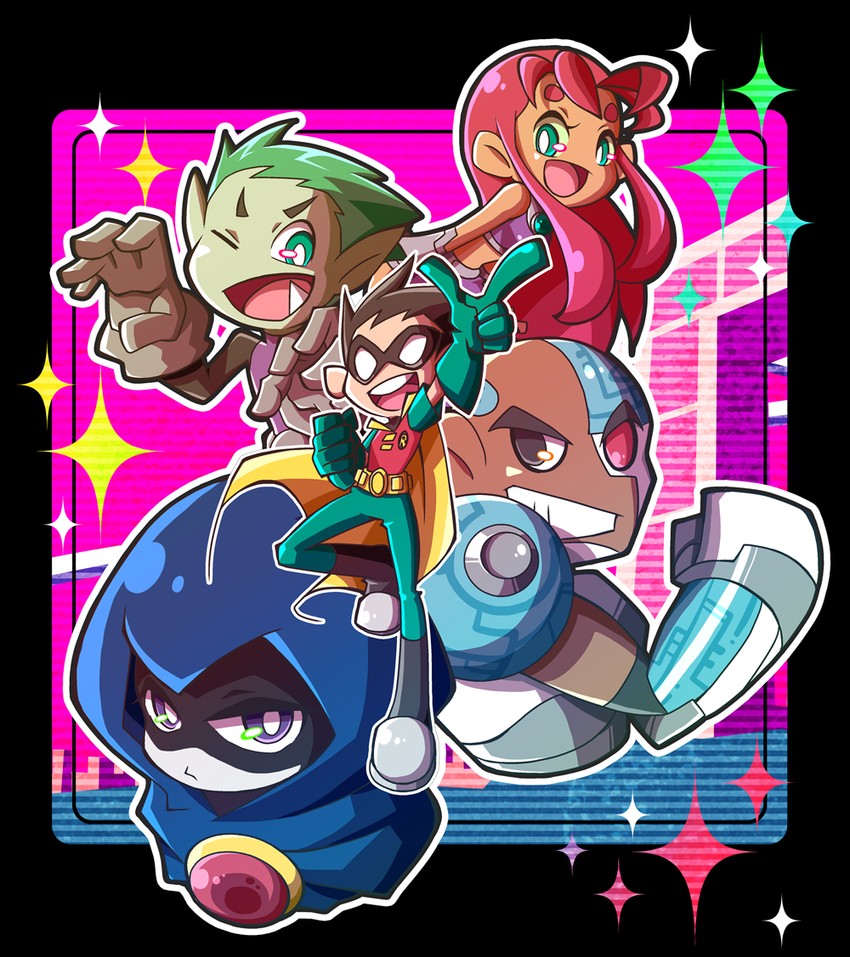 raven, starfire, robin, dick grayson, beast boy, and 1 more (dc comics and 1 more) drawn by ladama