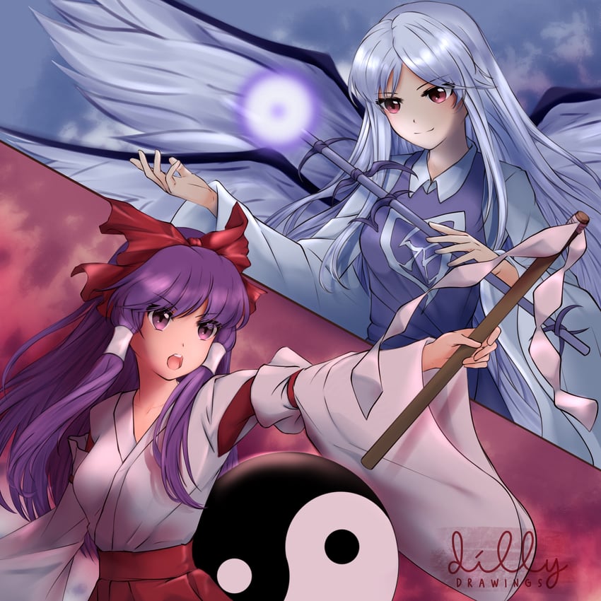 hakurei reimu and sariel (touhou and 1 more) drawn by dillydrawings