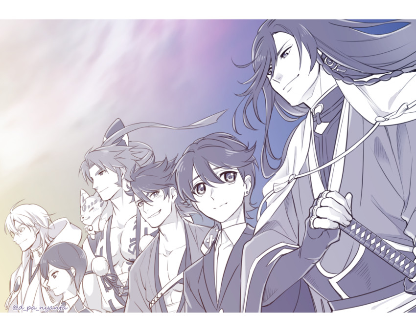 tsurumaru kuninaga, izumi-no-kami kanesada, horikawa kunihiro, yagen toushirou, tonbokiri, and 2 more (touken ranbu and 1 more) drawn by panya