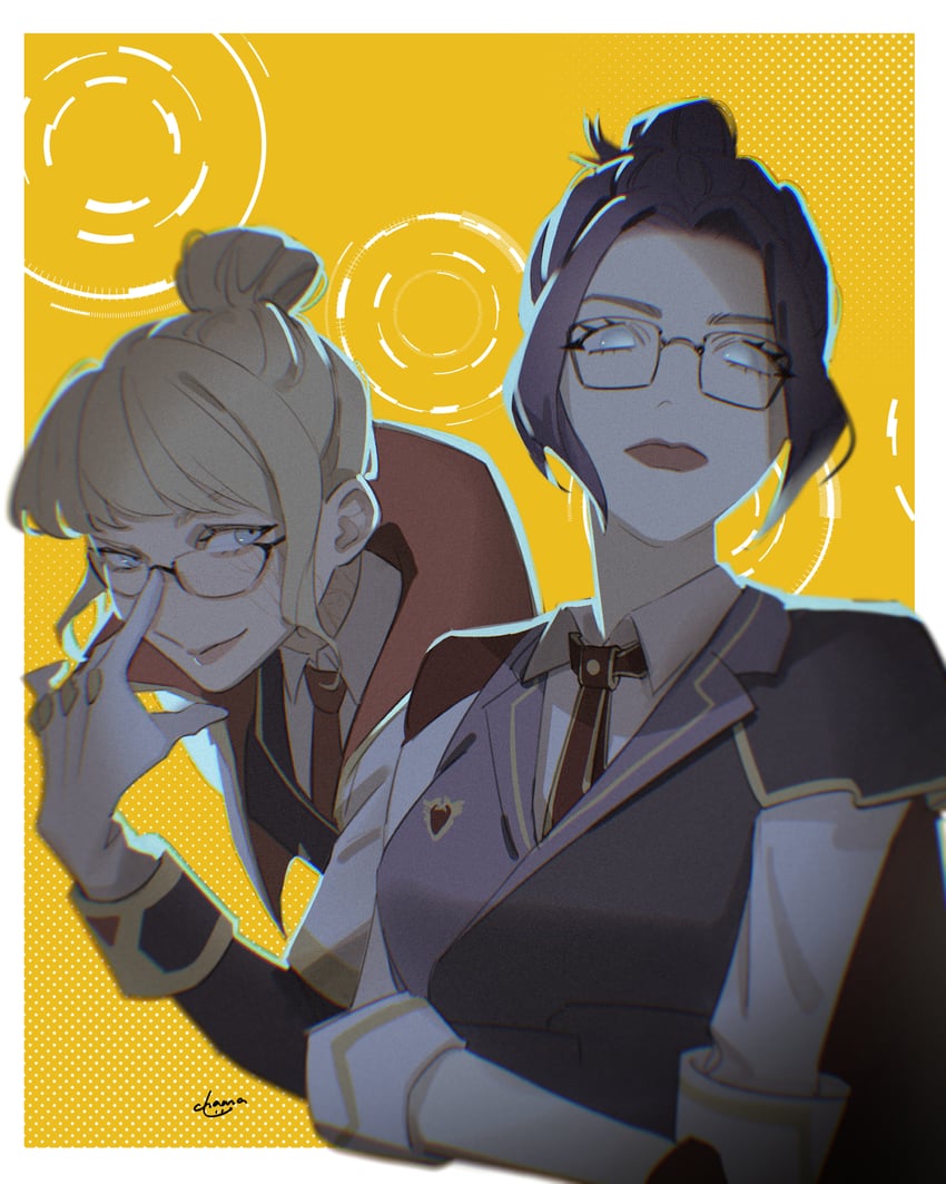 wattson, wraith, professor paquette wattson, and professor blasey wraith (apex legends) drawn by haji_(haji07lo)