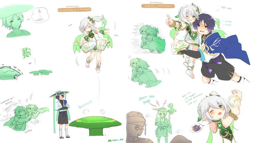 scaramouche, nahida, wanderer, and eremite daythunder (genshin impact) drawn by neross