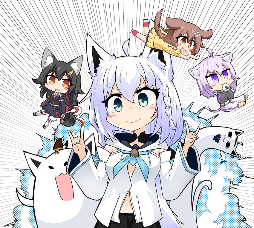 shirakami fubuki, nekomata okayu, ookami mio, inugami korone, miteiru, and 2 more (hololive) drawn by kuroshiro1011
