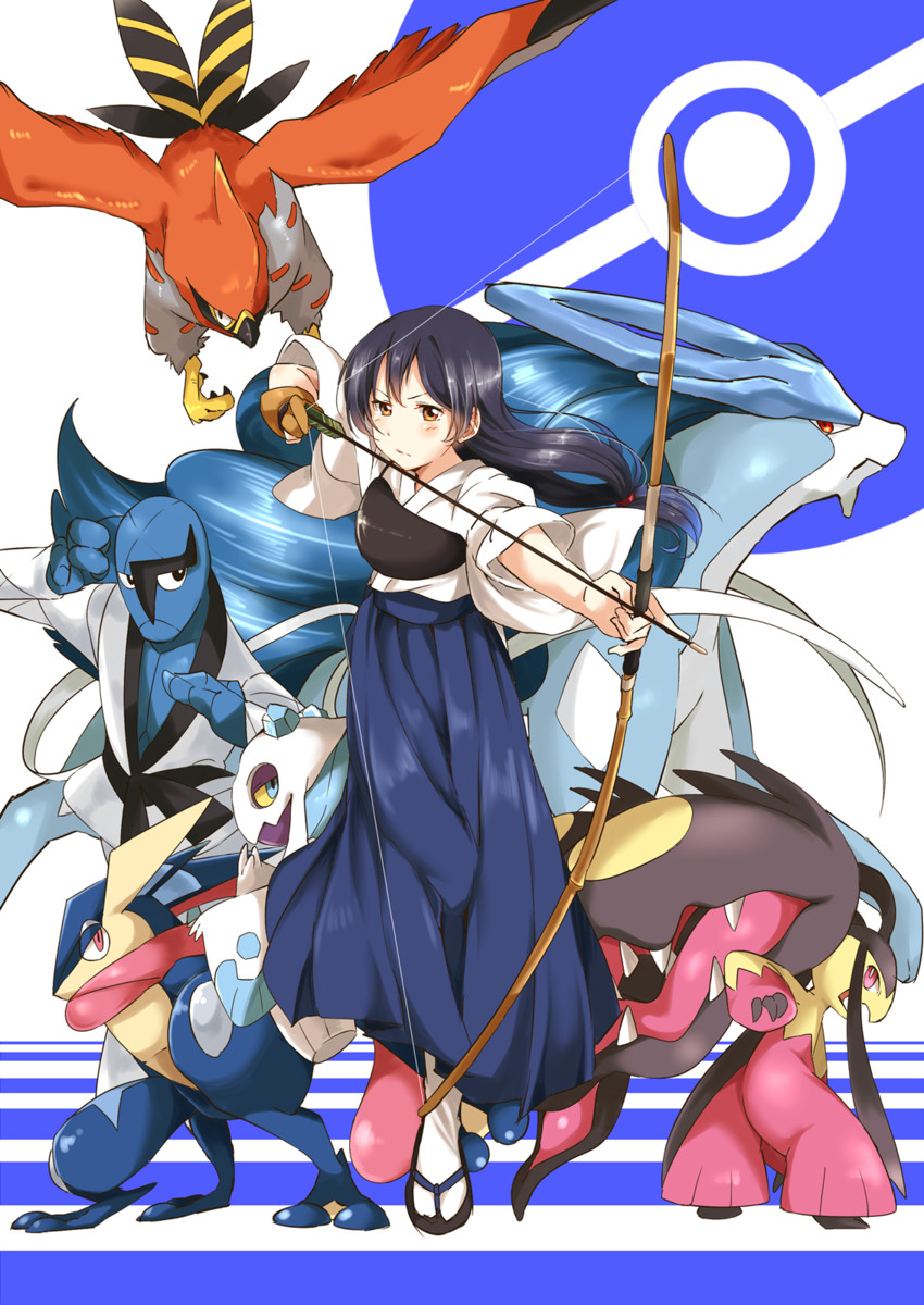 sonoda umi, mawile, greninja, froslass, suicune, and 3 more (pokemon and 2 more) drawn by ksk_(semicha_keisuke)