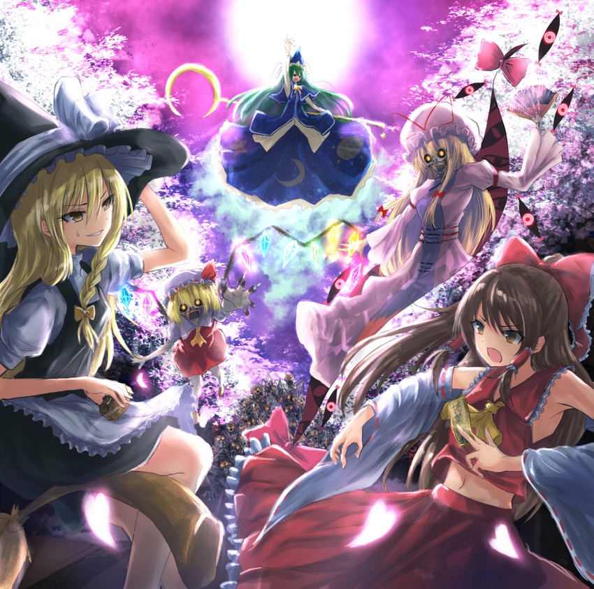 hakurei reimu, kirisame marisa, flandre scarlet, yakumo yukari, and mima (touhou and 1 more) drawn by yotuba_mokoh_(benzenex)