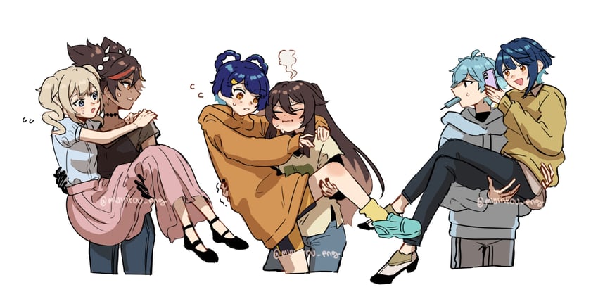 hu tao, barbara, xingqiu, chongyun, xiangling, and 1 more (genshin impact) drawn by mujintou_png
