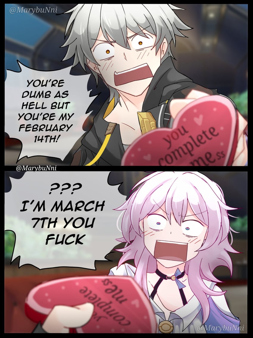 trailblazer, march 7th, and caelus (honkai and 1 more) drawn by mmiklshaek