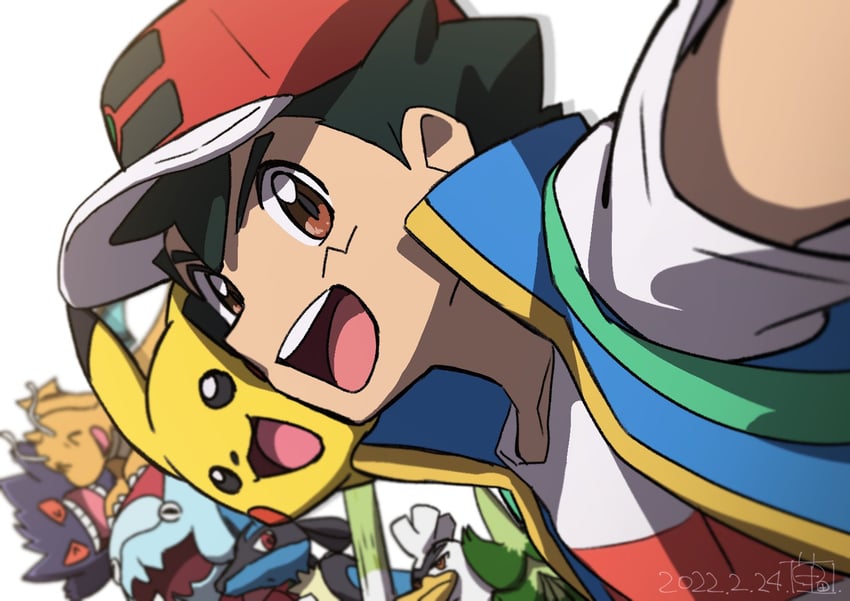 pikachu, ash ketchum, lucario, gengar, dragonite, and 2 more (pokemon and 1 more) drawn by ueda_hanako