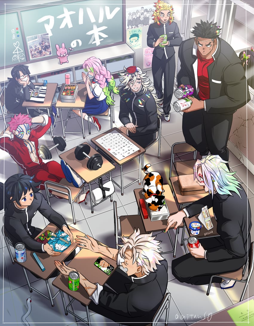 kanroji mitsuri, rengoku kyoujurou, tomioka giyuu, shinazugawa sanemi, iguro obanai, and 7 more (chainsaw man and 1 more) drawn by aitanso