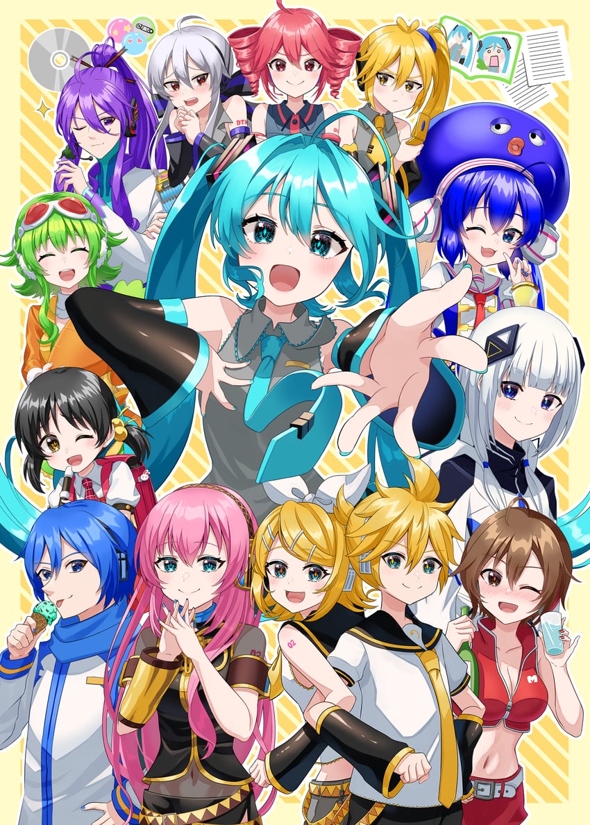 hatsune miku, kagamine rin, kagamine len, megurine luka, kasane teto, and 10 more (vocaloid and 3 more) drawn by tatyaoekaki