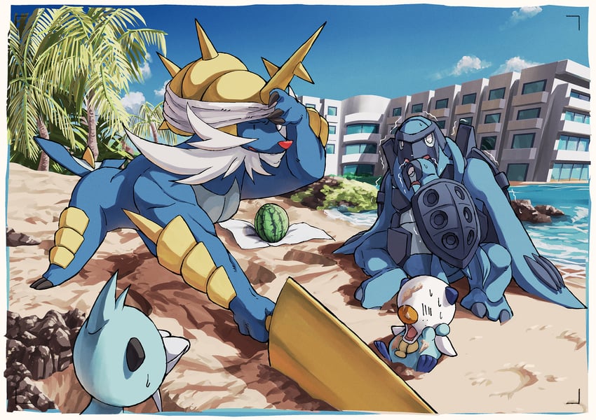 oshawott, samurott, dewott, carracosta, and tirtouga (pokemon) drawn by how_long