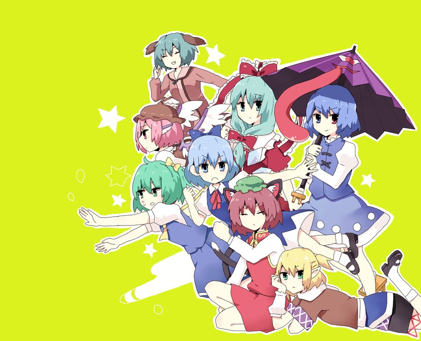 cirno, chen, tatara kogasa, mystia lorelei, mizuhashi parsee, and 3 more (touhou) drawn by m_(star)