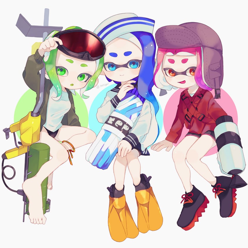 inkling player character, inkling girl, octoling player character, and octoling girl (splatoon) drawn by sabata_saba