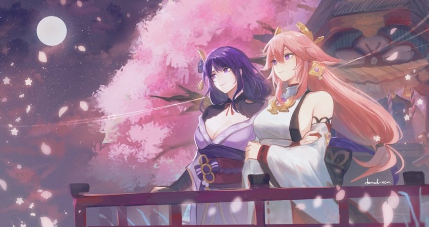 raiden shogun and yae miko (genshin impact) drawn by tomodurien