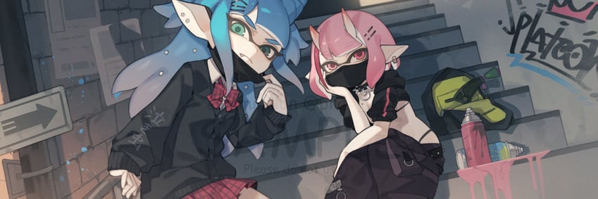 inkling player character and inkling girl (splatoon) drawn by prat_rat