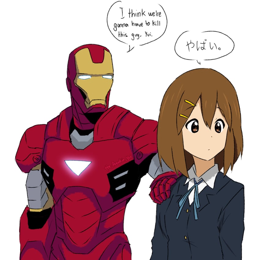 hirasawa yui and iron man (k-on! and 2 more) drawn by the_freakin_yui
