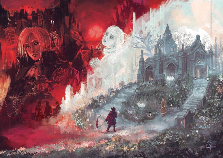 hunter, plain doll, lady maria of the astral clocktower, father gascoigne, and orphan of kos (bloodborne) drawn by artofchinara