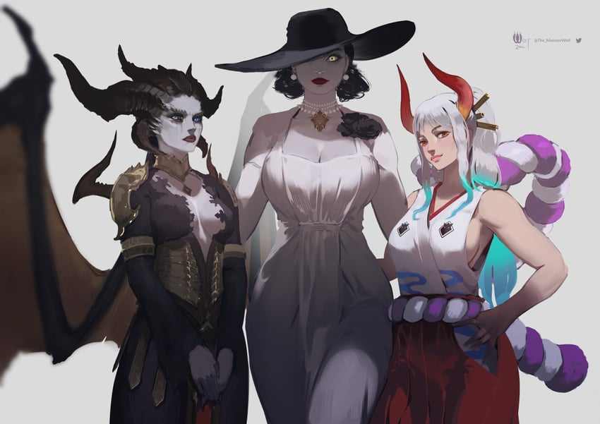 yamato, alcina dimitrescu, and lilith (one piece and 4 more) drawn by monster_wolf
