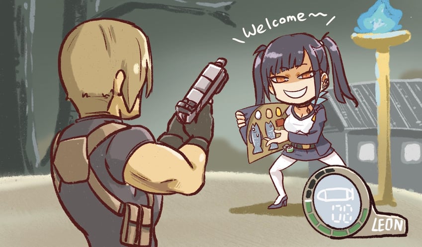 leon s. kennedy, merchant, and sora (goddess of victory: nikke and 2 more) drawn by stupidleon2