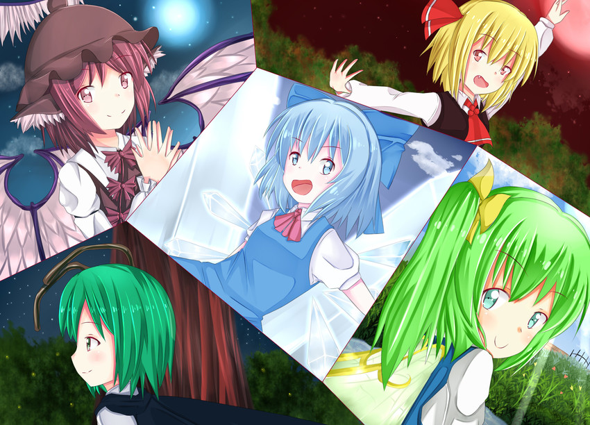 cirno, rumia, mystia lorelei, daiyousei, and wriggle nightbug (touhou) drawn by jinggu_shirokawa