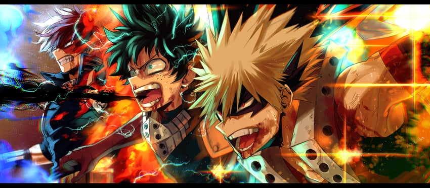 midoriya izuku, bakugou katsuki, and todoroki shoto (boku no hero academia) drawn by mkm_(mkm_storage)