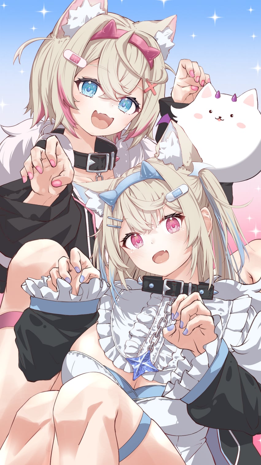 fuwawa abyssgard, mococo abyssgard, and perroccino (hololive and 1 more) drawn by u_da_desu