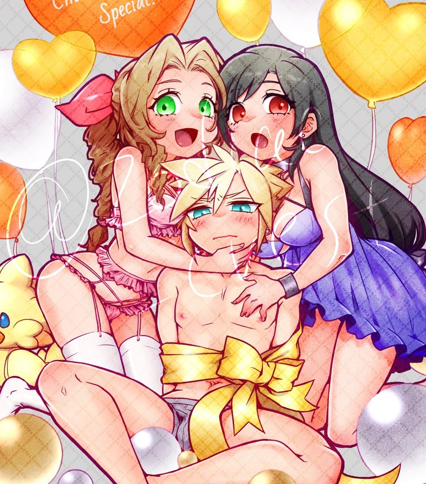 tifa lockhart, cloud strife, and aerith gainsborough (final fantasy and 3 more) drawn by rukashio