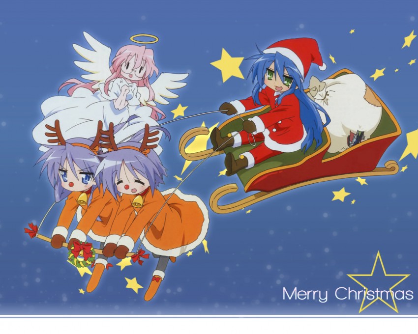 hiiragi kagami, izumi konata, hiiragi tsukasa, and takara miyuki (lucky star)