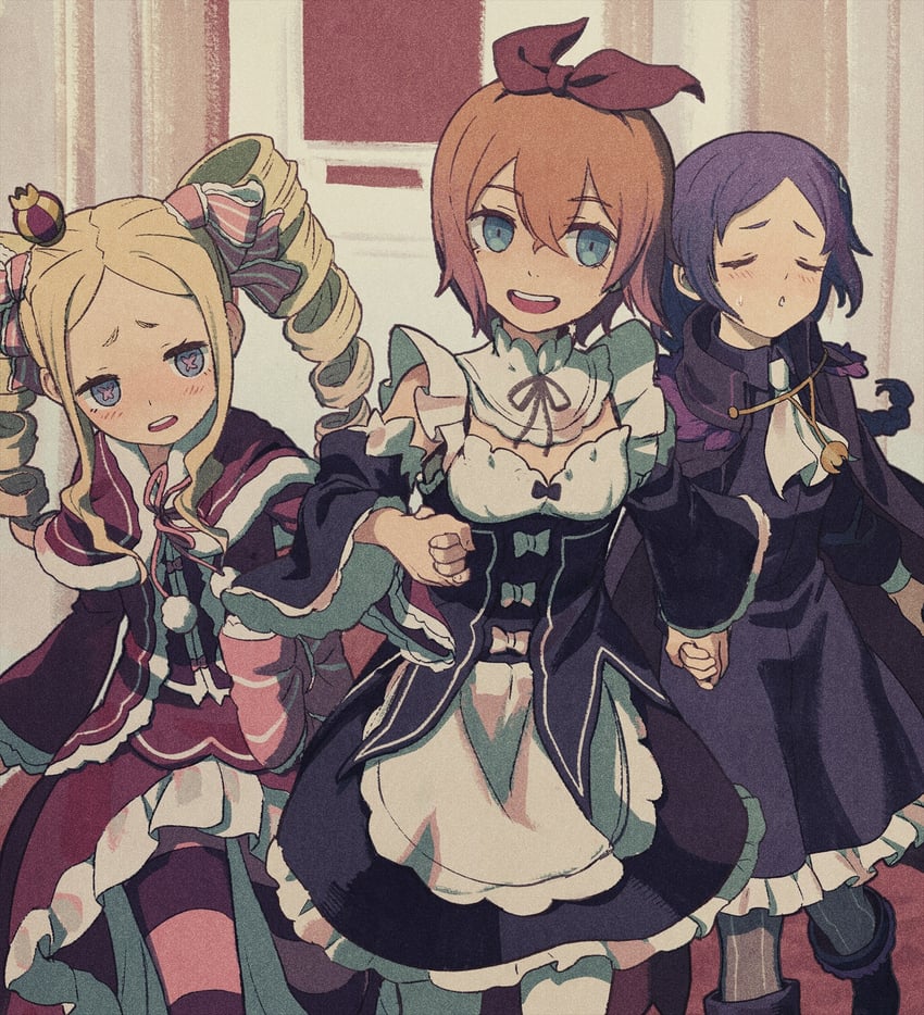 beatrice, petra leyte, and meili portroute (re:zero kara hajimeru isekai seikatsu) drawn by iwamushi
