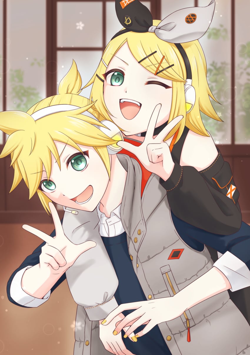 kagamine rin, kagamine len, vivid bad squad len, and vivid bad squad rin (vocaloid and 1 more) drawn by vocalove0066