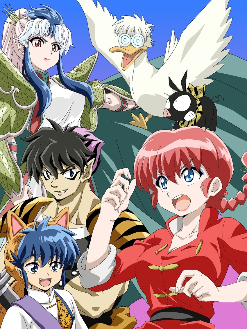 ranma-chan, p-chan, mousse, lime, herb, and 1 more (ranma 1/2) drawn by nori_gutchin
