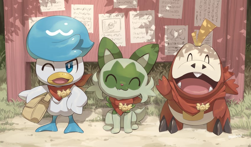 sprigatito, fuecoco, and quaxly (pokemon and 1 more) drawn by makoto_ikemu