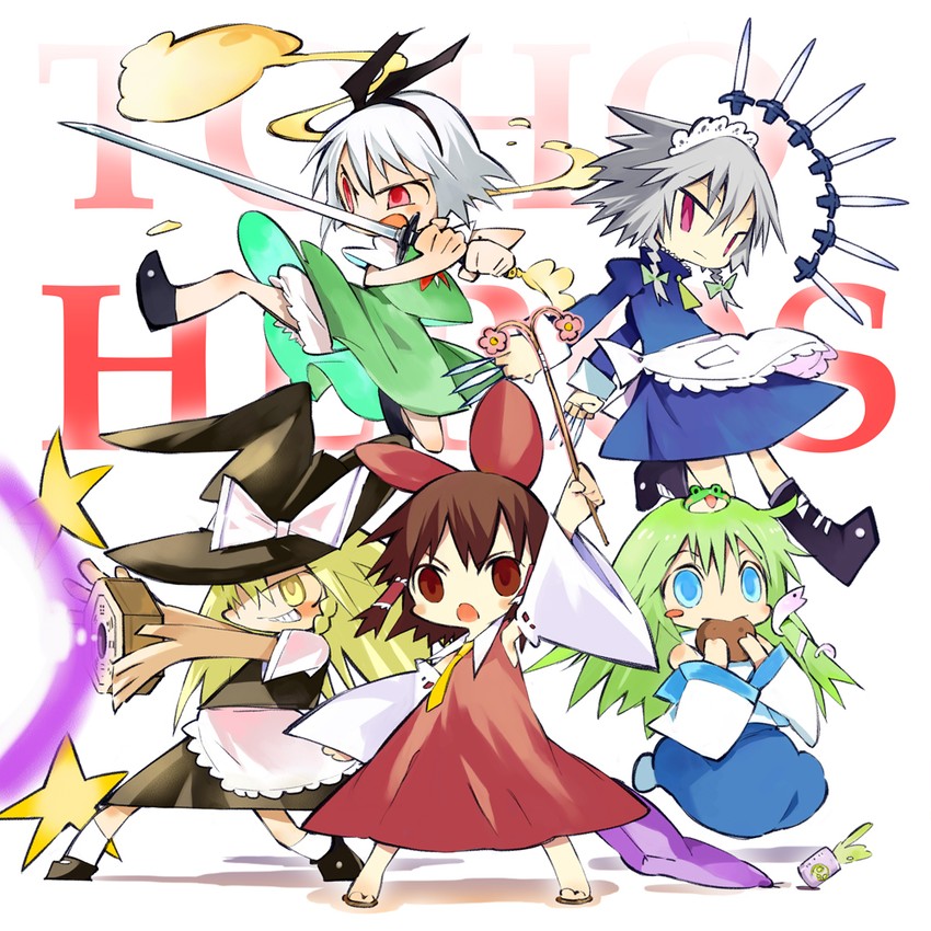 hakurei reimu, kirisame marisa, izayoi sakuya, kochiya sanae, and konpaku youmu (touhou) drawn by ogawa_maiko