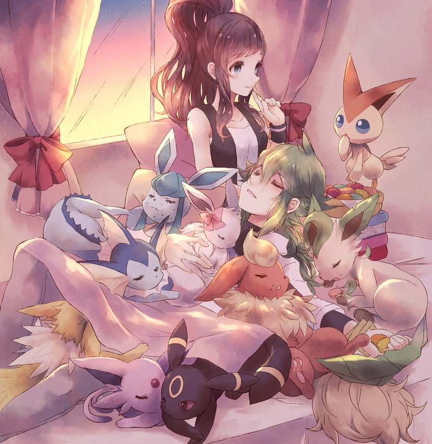 hilda, eevee, umbreon, n, glaceon, and 6 more (pokemon and 1 more) drawn by kabocha_torute