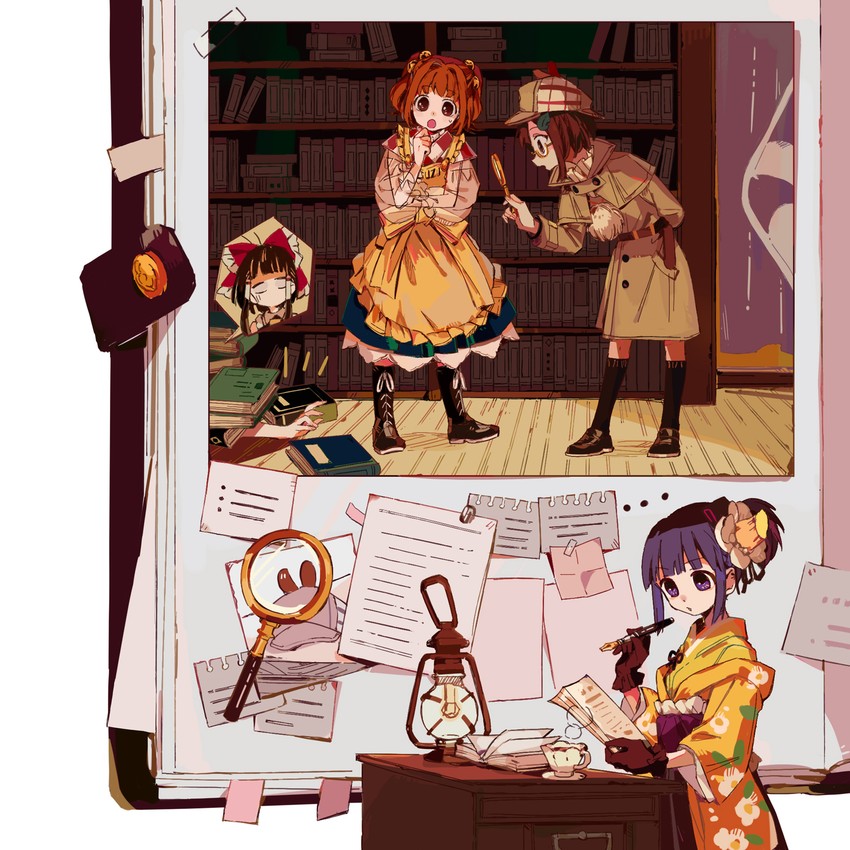 hakurei reimu, hieda no akyuu, futatsuiwa mamizou, and motoori kosuzu (touhou) drawn by renzaoshen