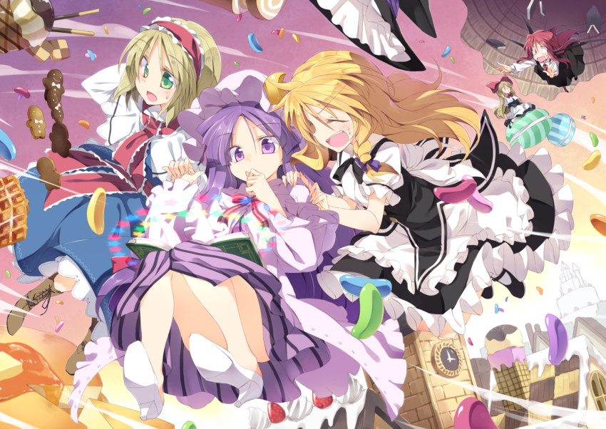 kirisame marisa, alice margatroid, patchouli knowledge, koakuma, and shanghai doll (touhou) drawn by satou_kibi