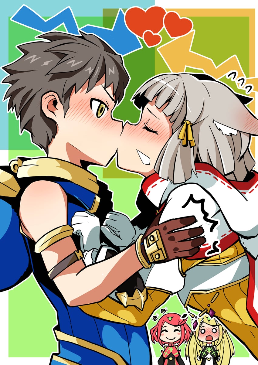 pyra, mythra, nia, and rex (xenoblade chronicles and 1 more) drawn by highena