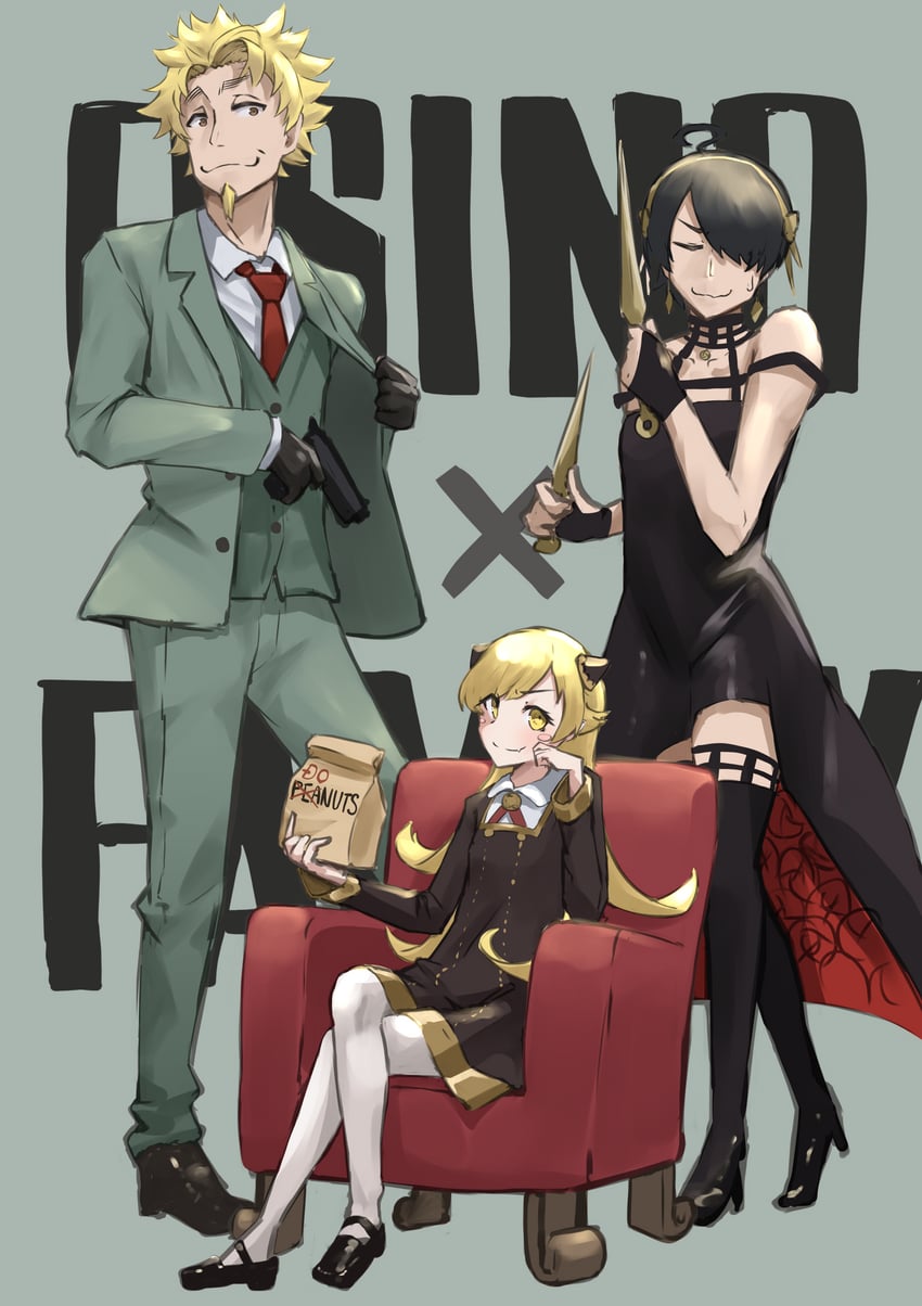 yor briar, anya, oshino shinobu, twilight, araragi koyomi, and 1 more (monogatari and 1 more) drawn by bunoshii