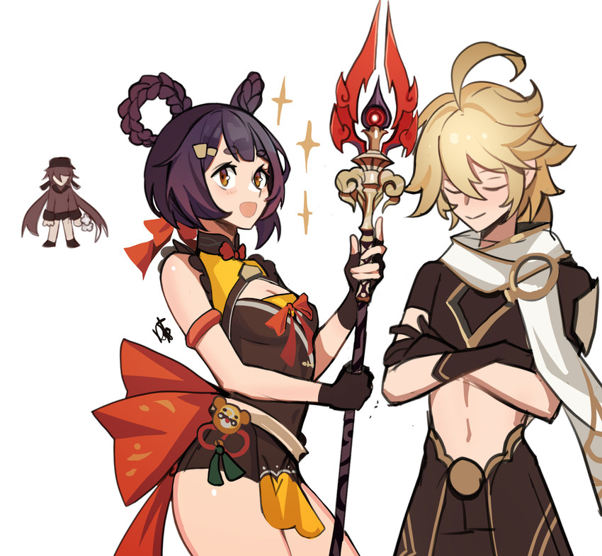 hu tao, aether, and xiangling (genshin impact) drawn by distr