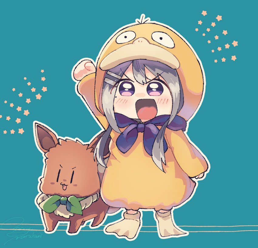 eevee, higuchi kaede, and psyduck (pokemon and 1 more) drawn by koba_yuri