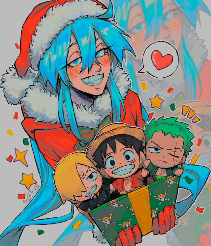 hatsune miku, monkey d. luffy, roronoa zoro, and sanji (vocaloid and 1 more) drawn by sainttufa