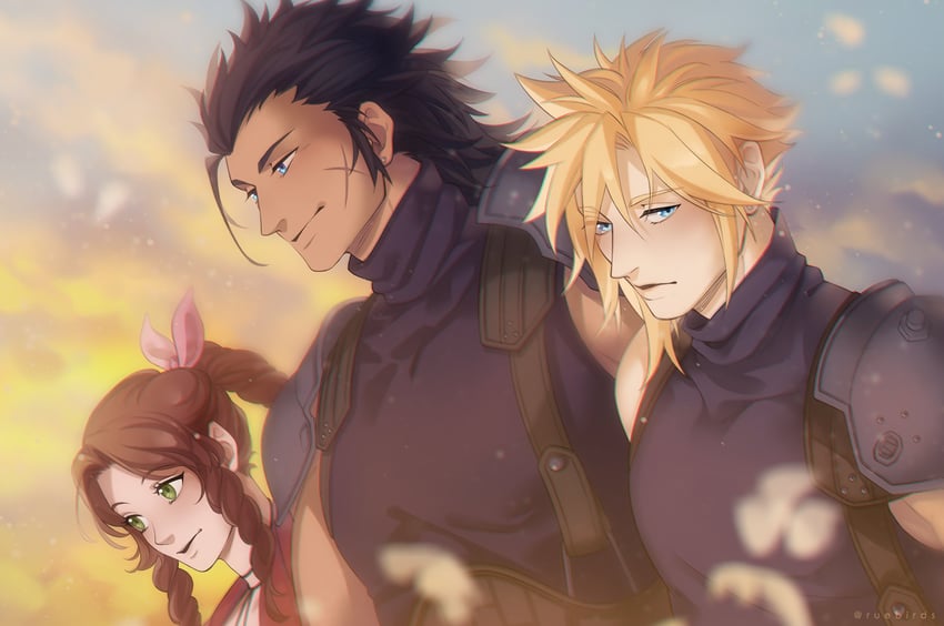 cloud strife, aerith gainsborough, and zack fair (final fantasy and 2 more) drawn by ruebird