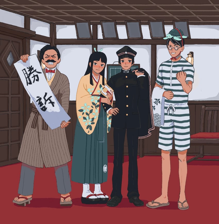 susato mikotoba, rei membami, ryutaro naruhodo, satoru hosonaga, and soseki natsume (ace attorney and 2 more) drawn by 23011620x