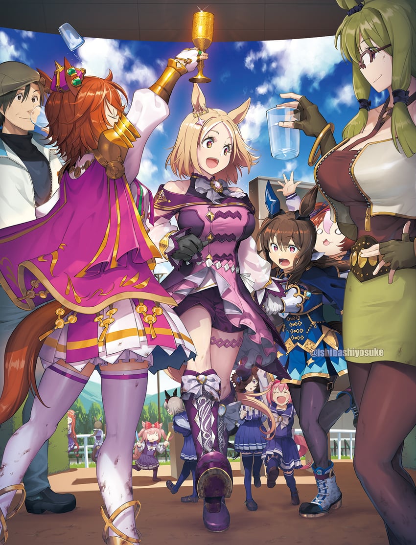 trainer, rice shower, silence suzuka, admire vega, curren chan, and 8 more (umamusume and 1 more) drawn by ishibashi_yosuke
