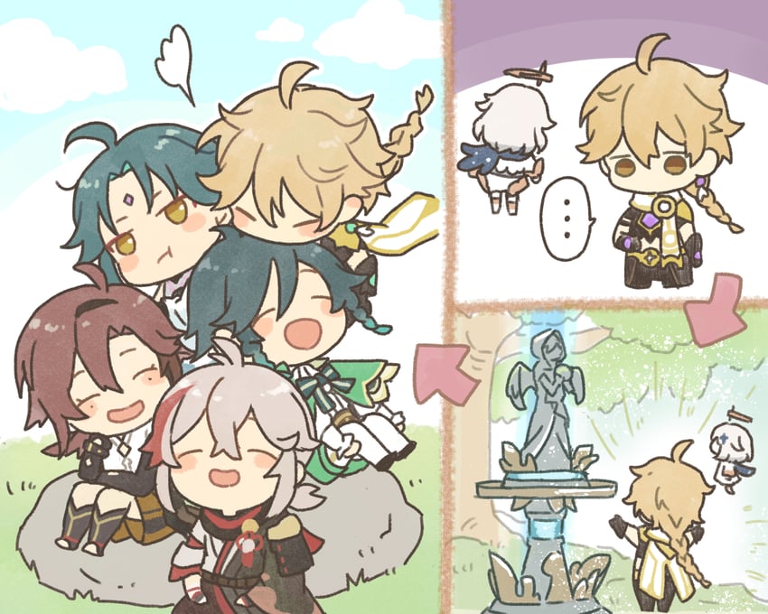 aether, venti, paimon, xiao, kaedehara kazuha, and 2 more (genshin impact) drawn by shirataki_nako
