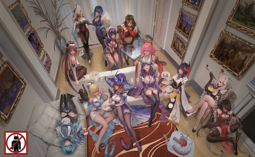 raiden shogun, yae miko, shenhe, eula, yelan, and 8 more (genshin impact) drawn by mr_goblin