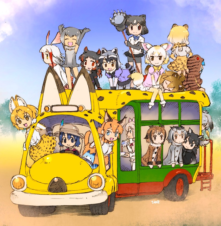 serval, kaban, common raccoon, fennec, shoebill, and 13 more (kemono friends) drawn by himehachi_(hime8manga)
