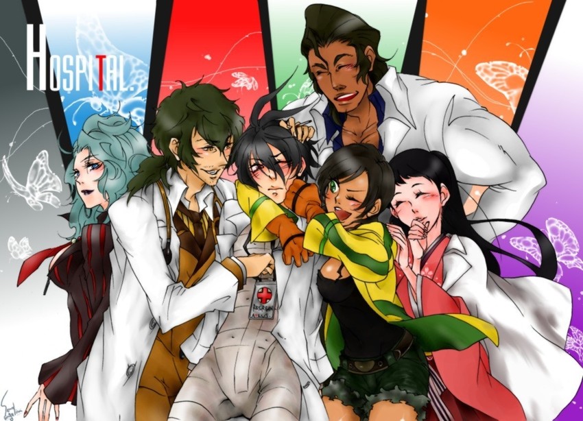 mira kimishima, maria torres, cr-s01, gabriel cunningham, tomoe tachibana, and 1 more (hospital rokunin no ishi) drawn by seno_angelina